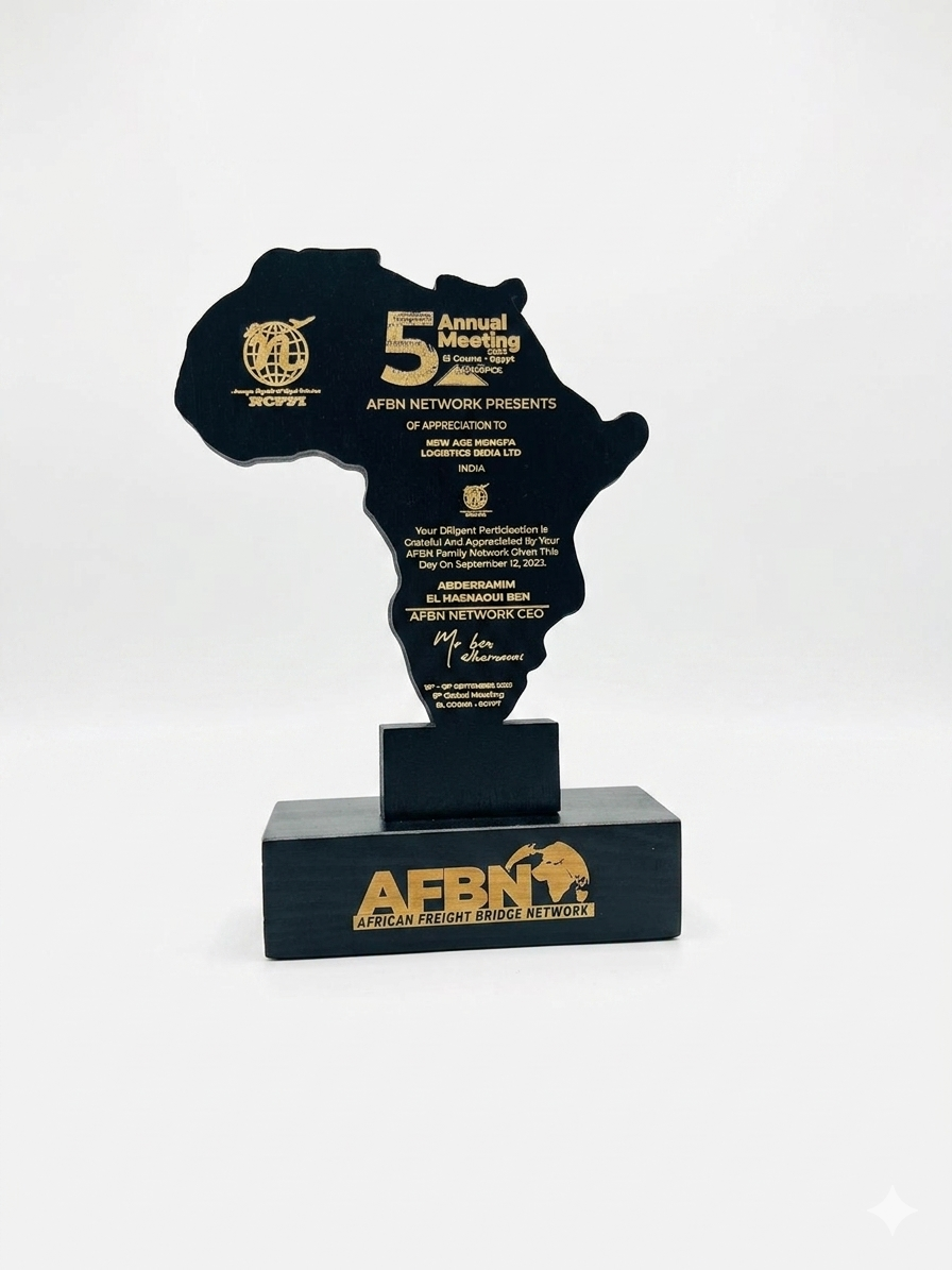 AFBN African Freight Bridge Network certificate of appreciation presented to NewAge Hongfa Logistics India, September 2023