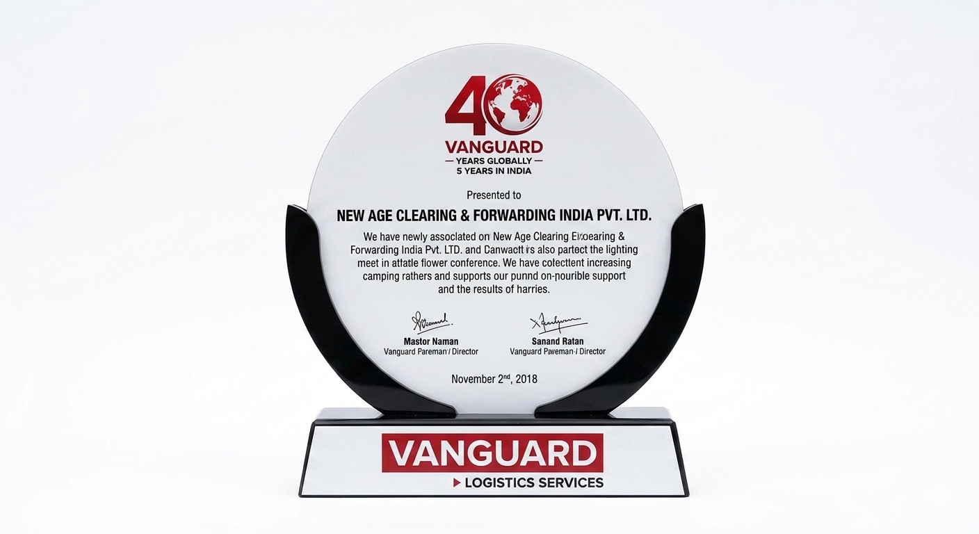 Vanguard Logistics partnership award presented to New Age Clearing and Forwarding India, November 2018